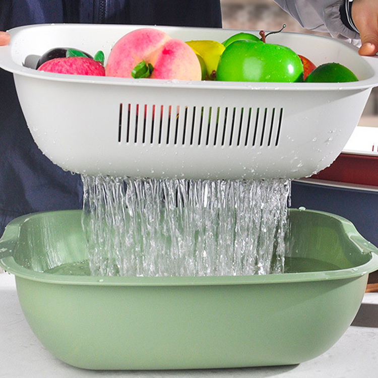 Пластиковый прямоугольник с двойным слоем овощной и фруктовой мытья корзина для кухни